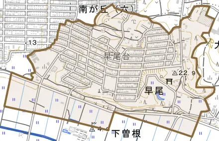 大字早尾とその周辺の地図。町の範囲を重ねている