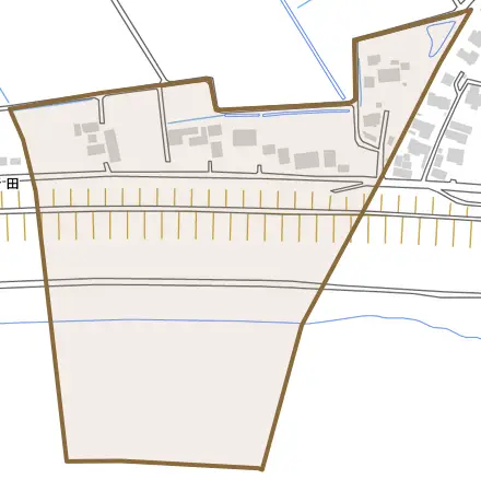 大字東奥山新田とその周辺の地図。町の範囲を重ねている