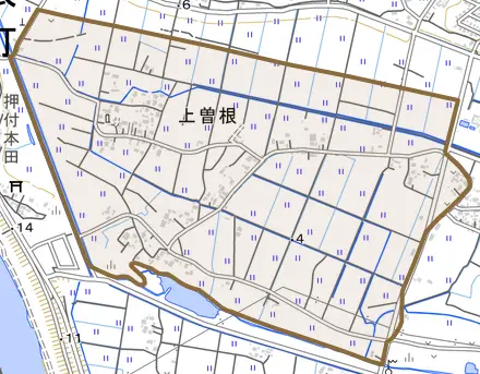 大字上曽根とその周辺の地図。町の範囲を重ねている