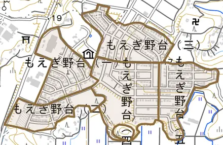 もえぎ野台とその周辺の地図。町の範囲を重ねている