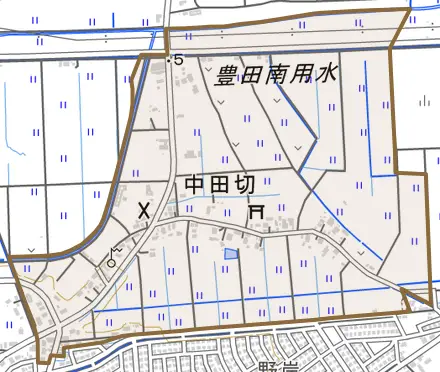 大字中田切とその周辺の地図。町の範囲を重ねている