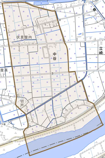 大字中谷とその周辺の地図。町の範囲を重ねている