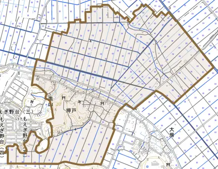 大字押戸とその周辺の地図。町の範囲を重ねている