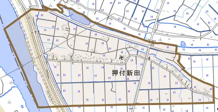 大字押付新田とその周辺の地図。町の範囲を重ねている