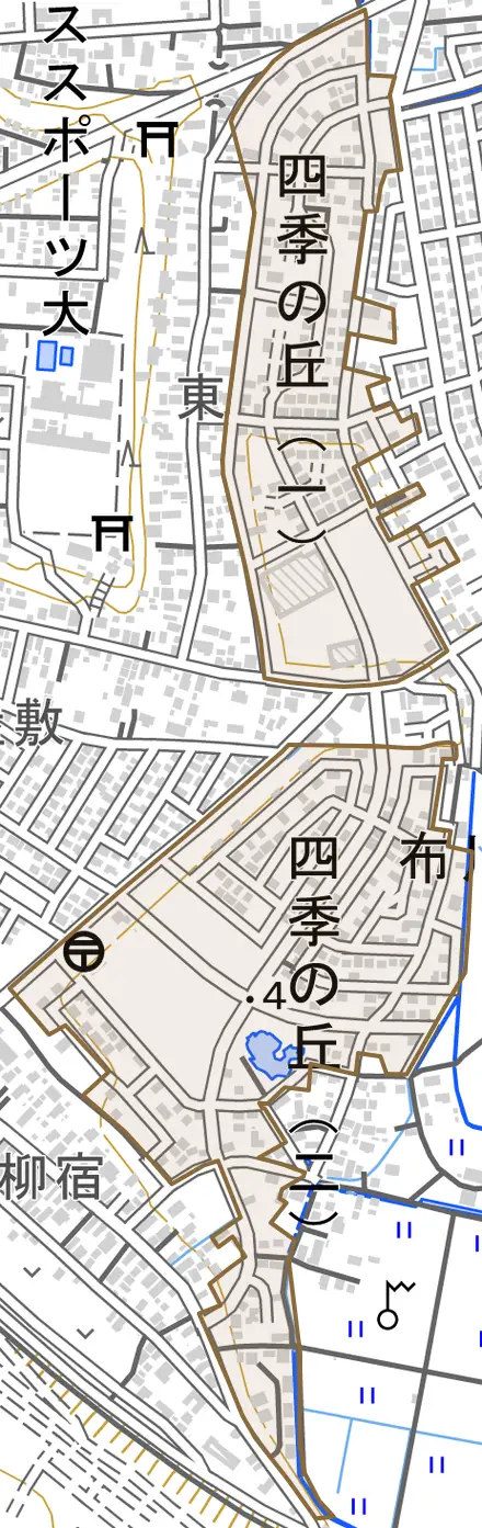 四季の丘とその周辺の地図。町の範囲を重ねている
