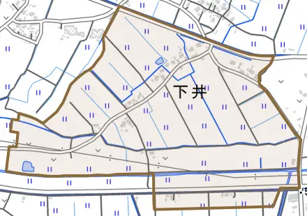 大字下井とその周辺の地図。町の範囲を重ねている