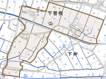 大字下曽根とその周辺の地図。町の範囲を重ねている