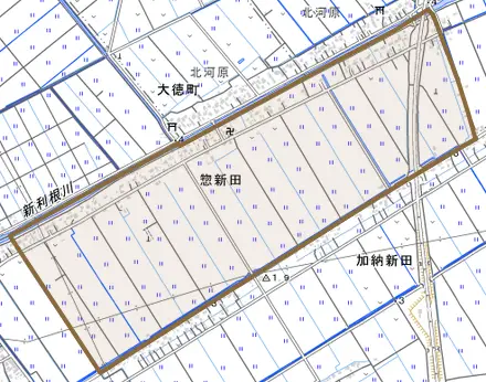 大字惣新田とその周辺の地図。町の範囲を重ねている