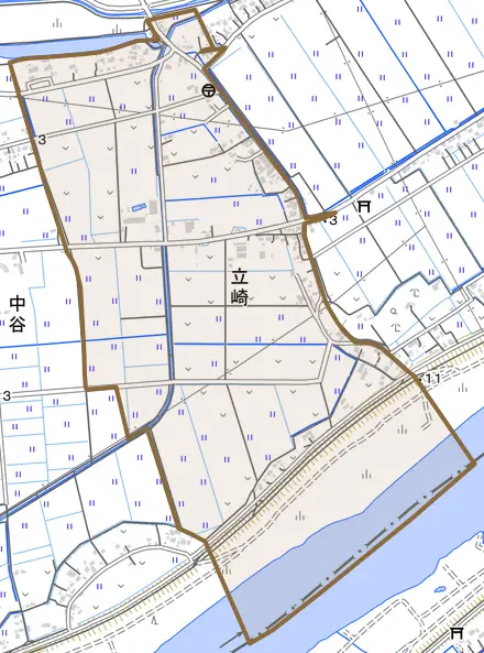 大字立崎とその周辺の地図。町の範囲を重ねている