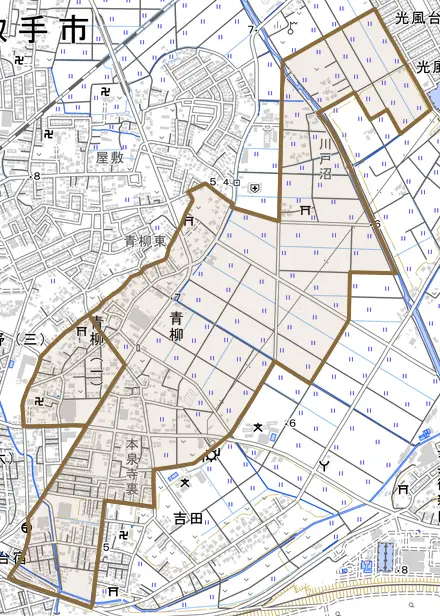 青柳とその周辺の地図。町の範囲を重ねている