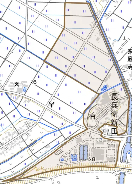 長兵衛新田とその周辺の地図。町の範囲を重ねている