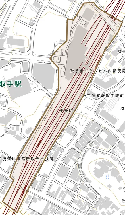中央町とその周辺の地図。町の範囲を重ねている