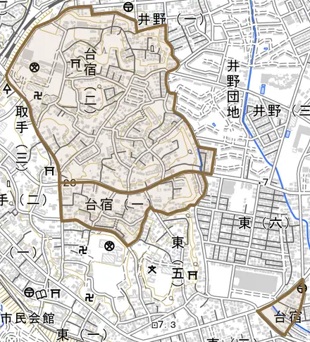 台宿とその周辺の地図。町の範囲を重ねている