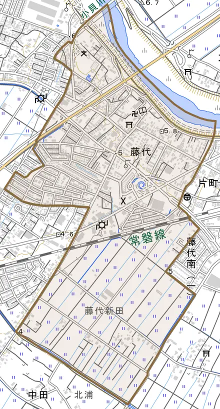 藤代とその周辺の地図。町の範囲を重ねている