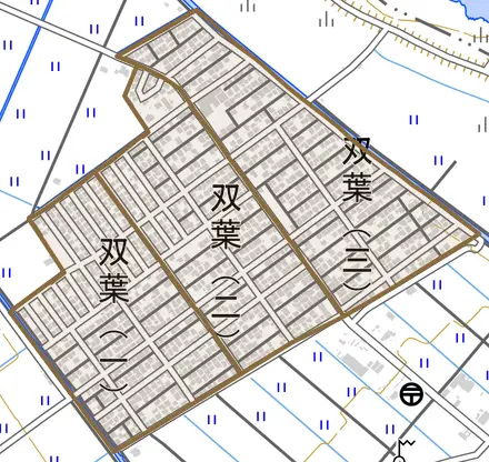 双葉とその周辺の地図。町の範囲を重ねている
