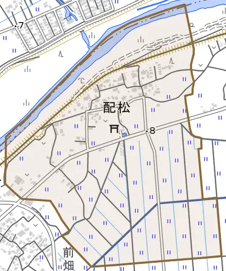 配松とその周辺の地図。町の範囲を重ねている