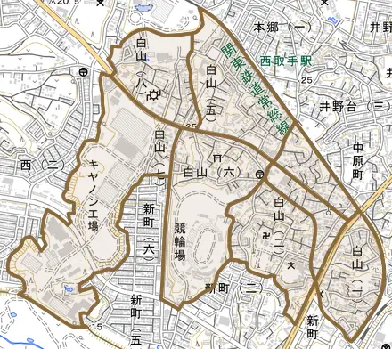 白山とその周辺の地図。町の範囲を重ねている