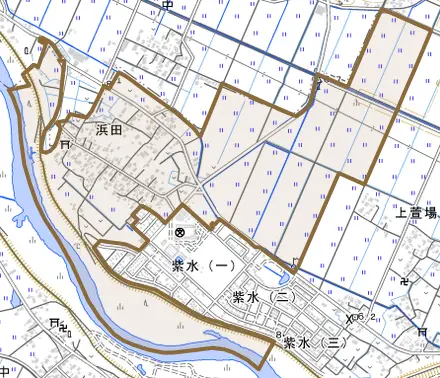 浜田とその周辺の地図。町の範囲を重ねている