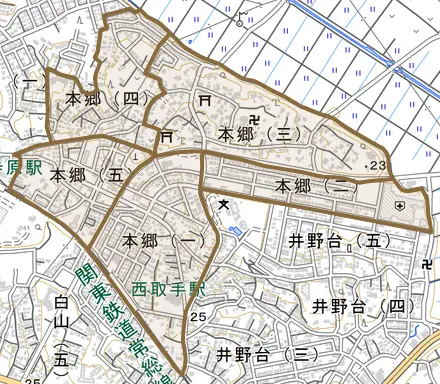 本郷とその周辺の地図。町の範囲を重ねている