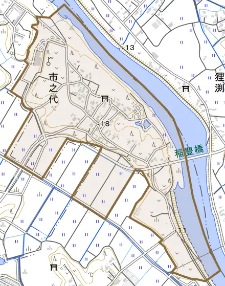 市之代とその周辺の地図。町の範囲を重ねている