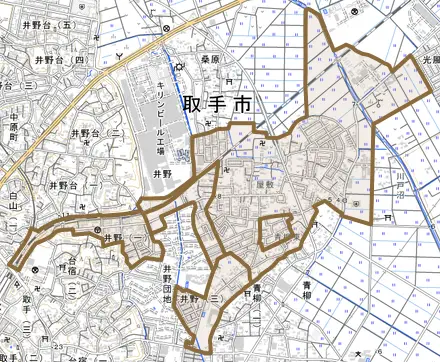 井野とその周辺の地図。町の範囲を重ねている