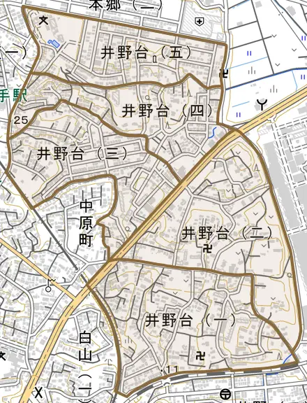 井野台とその周辺の地図。町の範囲を重ねている