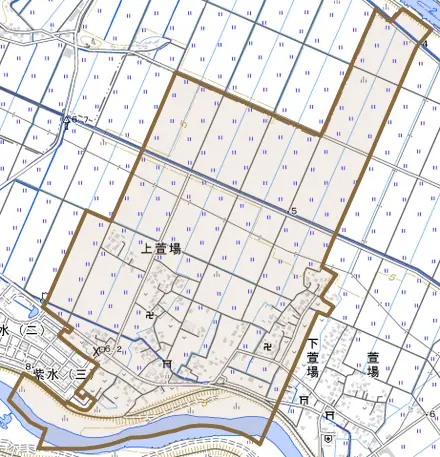 上萱場とその周辺の地図。町の範囲を重ねている