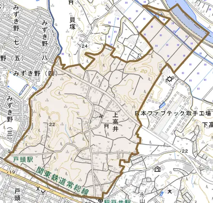 上高井とその周辺の地図。町の範囲を重ねている