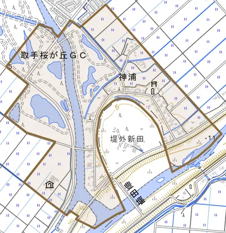 神浦とその周辺の地図。町の範囲を重ねている