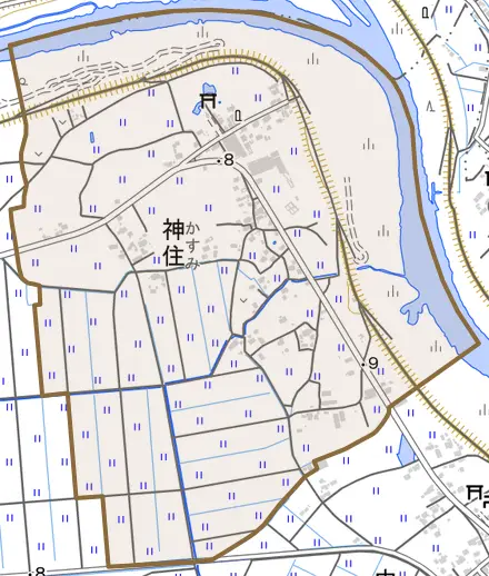 神住とその周辺の地図。町の範囲を重ねている