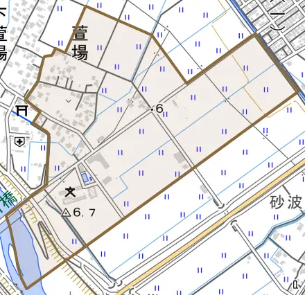 萱場とその周辺の地図。町の範囲を重ねている
