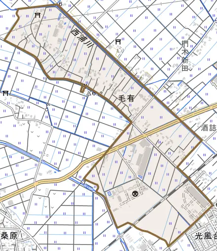 毛有とその周辺の地図。町の範囲を重ねている