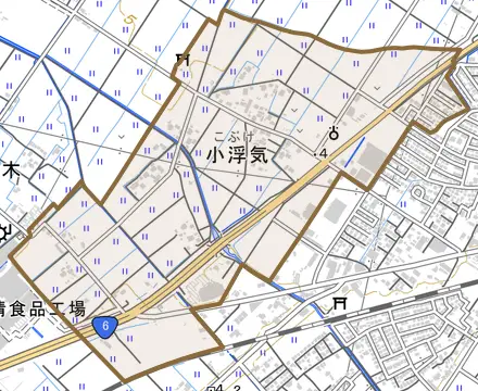 小浮気とその周辺の地図。町の範囲を重ねている