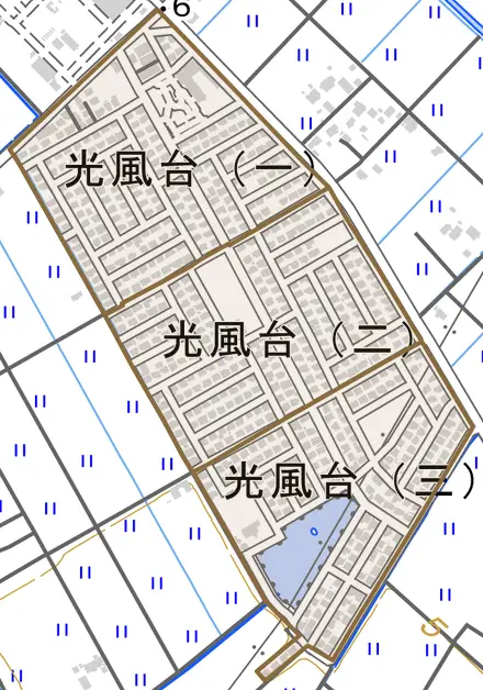 光風台とその周辺の地図。町の範囲を重ねている