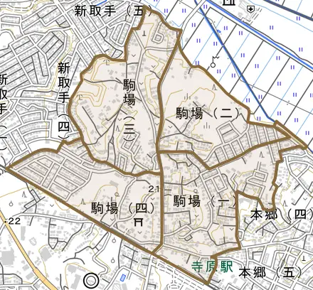 駒場とその周辺の地図。町の範囲を重ねている