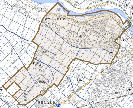 椚木とその周辺の地図。町の範囲を重ねている