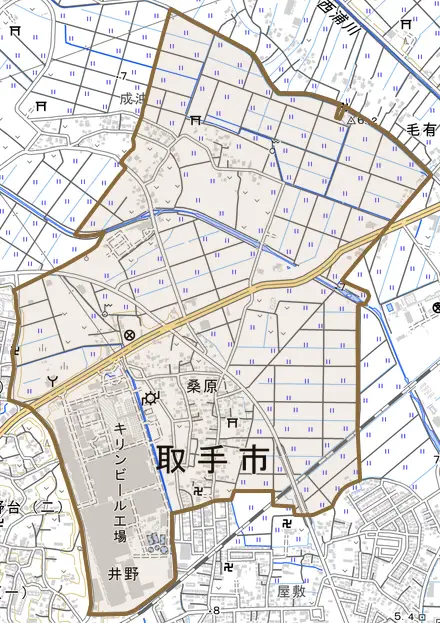 桑原とその周辺の地図。町の範囲を重ねている