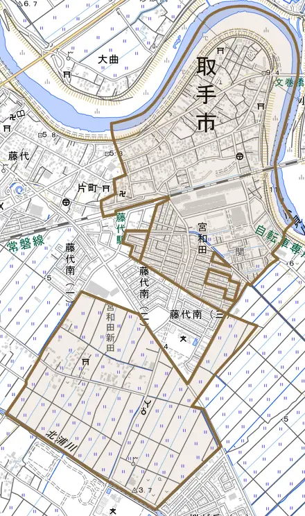 宮和田とその周辺の地図。町の範囲を重ねている