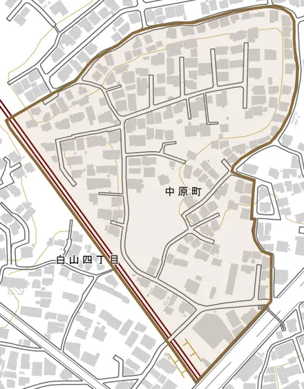 中原町とその周辺の地図。町の範囲を重ねている