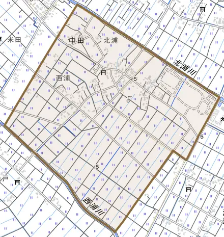 中田とその周辺の地図。町の範囲を重ねている