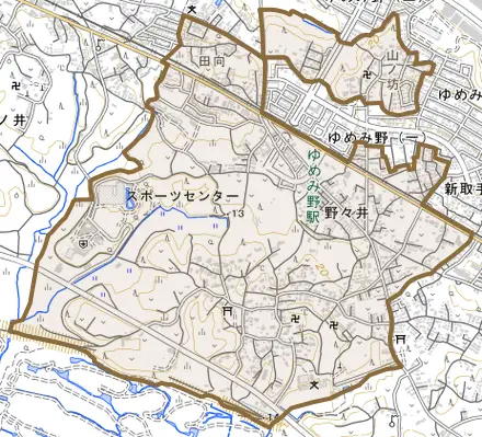野々井とその周辺の地図。町の範囲を重ねている