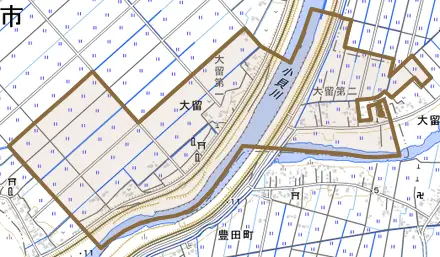大留とその周辺の地図。町の範囲を重ねている
