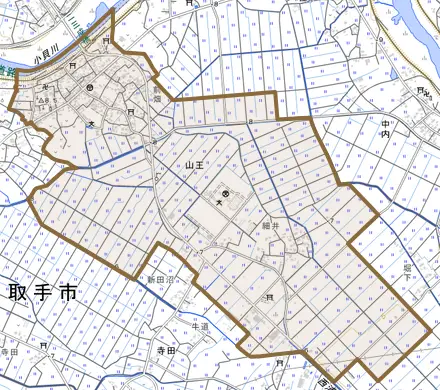 山王とその周辺の地図。町の範囲を重ねている