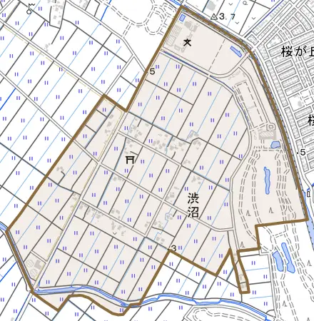 渋沼とその周辺の地図。町の範囲を重ねている