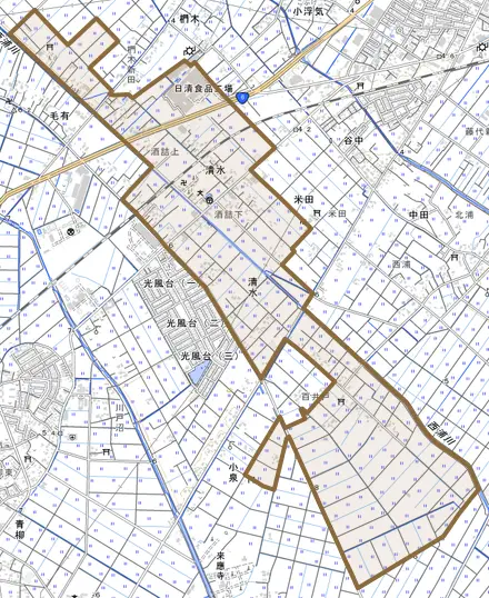 清水とその周辺の地図。町の範囲を重ねている