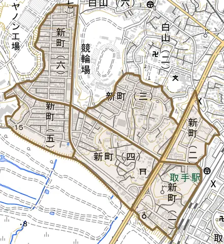 新町とその周辺の地図。町の範囲を重ねている