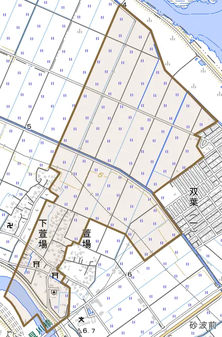 下萱場とその周辺の地図。町の範囲を重ねている