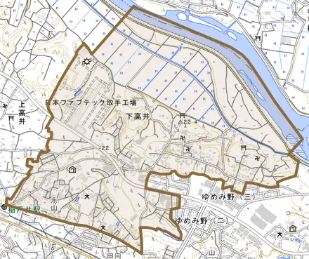 下高井とその周辺の地図。町の範囲を重ねている