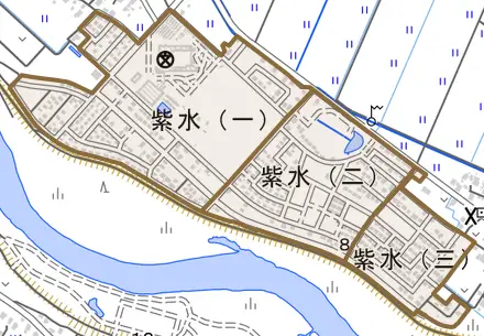 紫水とその周辺の地図。町の範囲を重ねている