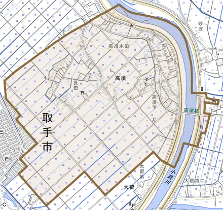 高須とその周辺の地図。町の範囲を重ねている